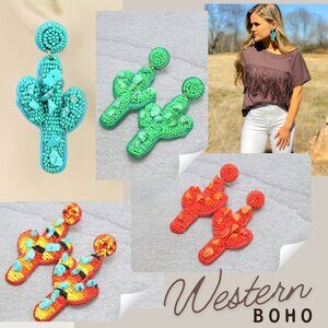 Turquoise Coral Multi Bead & Natural Stone Boho Western Cactus Earrings NEW